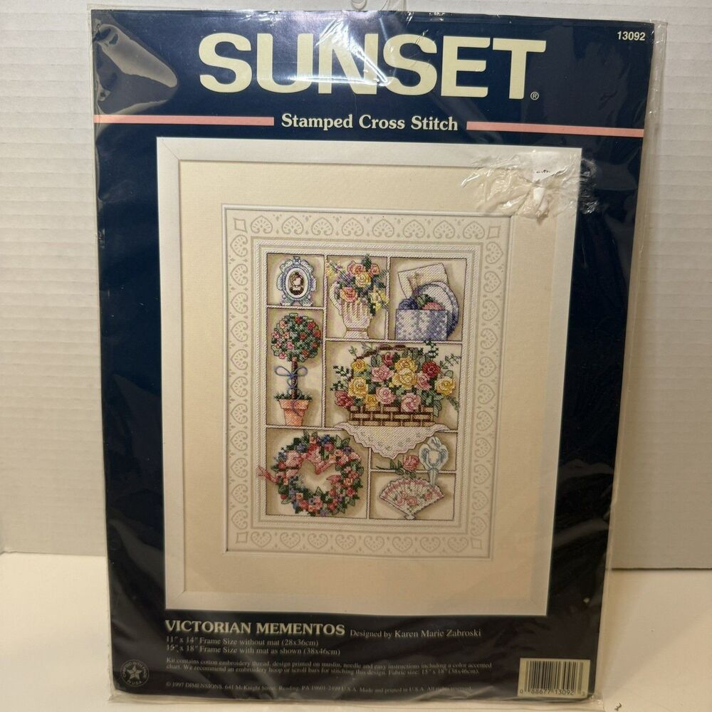 Sunset Victorian Mementos Stamped Cross Stitch Kit 13092 Vintage 1997 Sealed